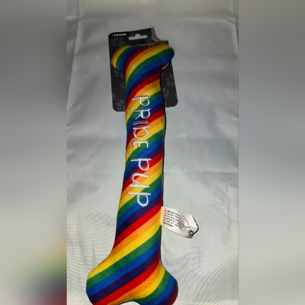NEW HUGE Dog Plush Toy Bone with Squeakers Rainbow Stripe Puppy Gift Pride